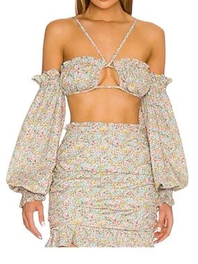 For Love & Lemons Raleigh Floral Tie-Front Crop Top in Pastel Multi